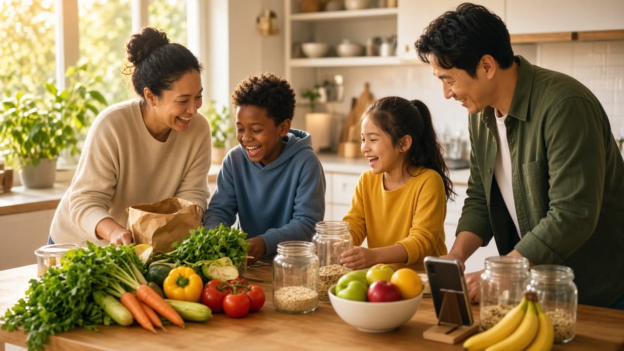 A family unpacks groceries together at a kitchen table, with a phone among the jars.
