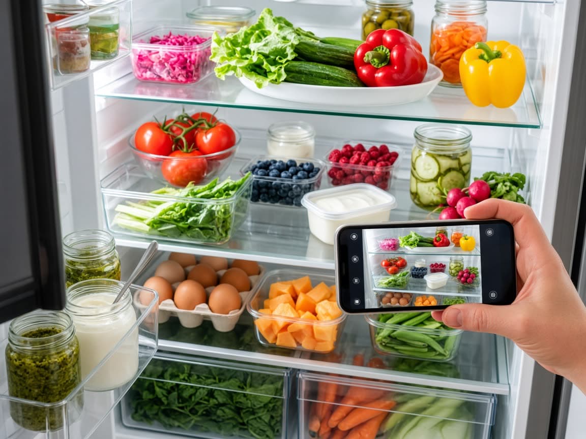 An open refrigerator of vegetables, eggs and jars, with a phone photographing the shelves.
