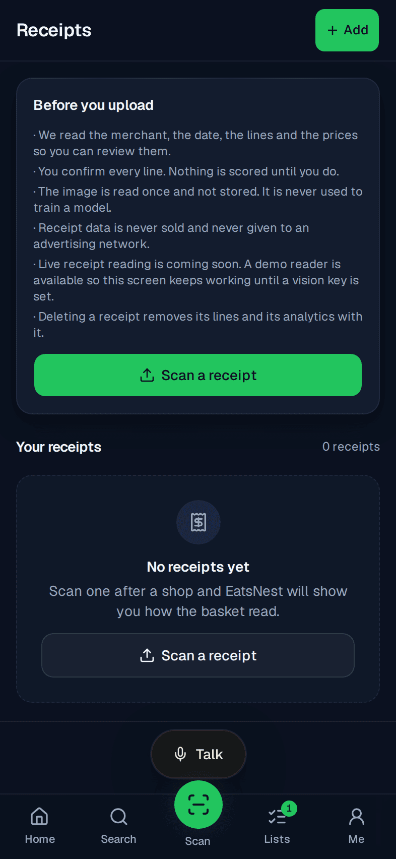The receipts screen. Lines are confirmed before they count.