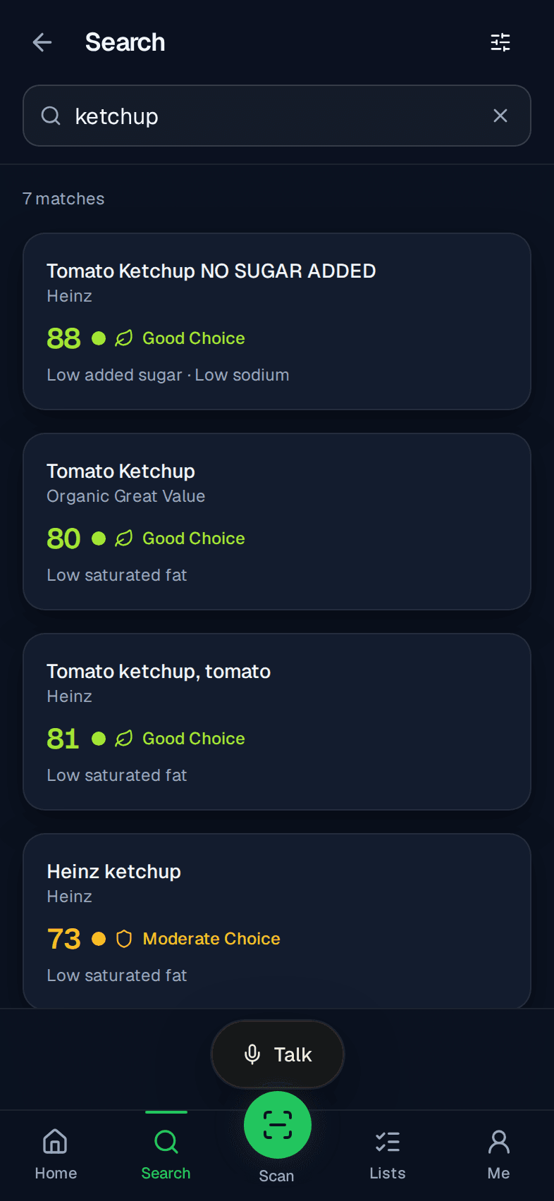 EatsNest search results for ketchup, with a Food Fit score on each product.