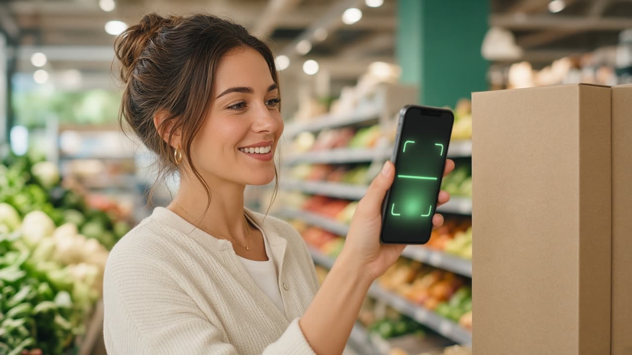 A shopper in a grocery aisle holds a phone up to a box.