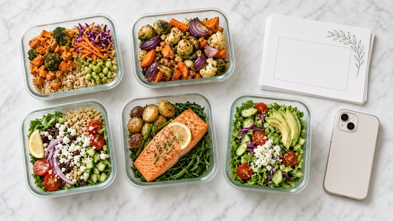 Prepared meals in glass containers on a marble counter.