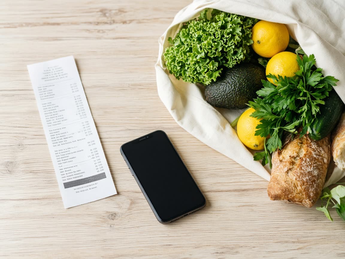 A grocery receipt beside a phone and a bag of produce.