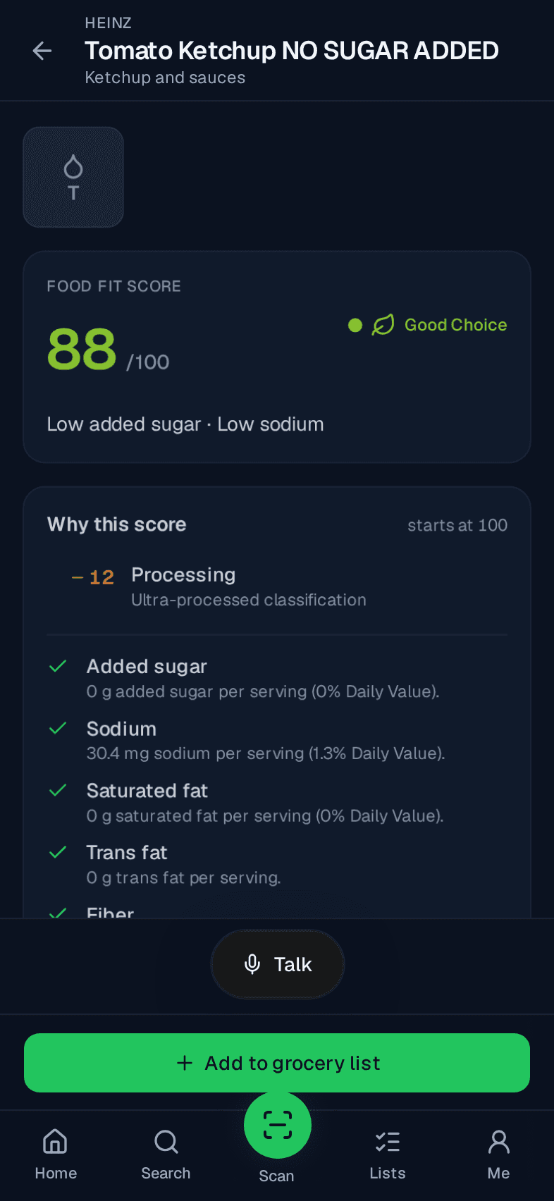 A product screen showing the Food Fit score and the reason it matched.